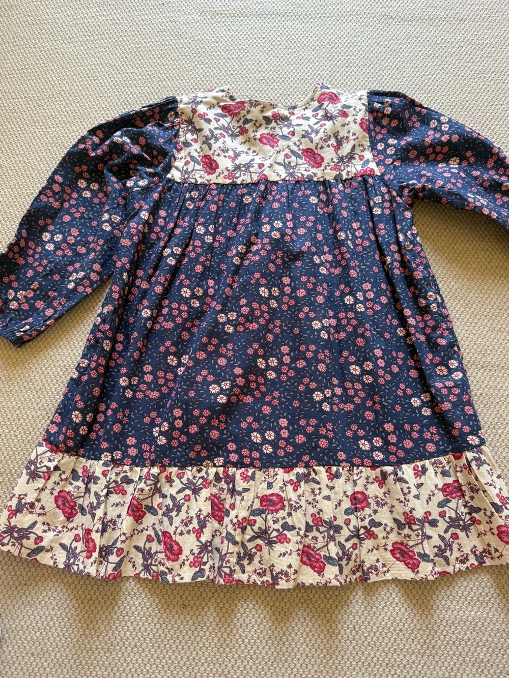 Louise Misha Navy Floral Tiered Long Sleeve Dress with Pink Accents